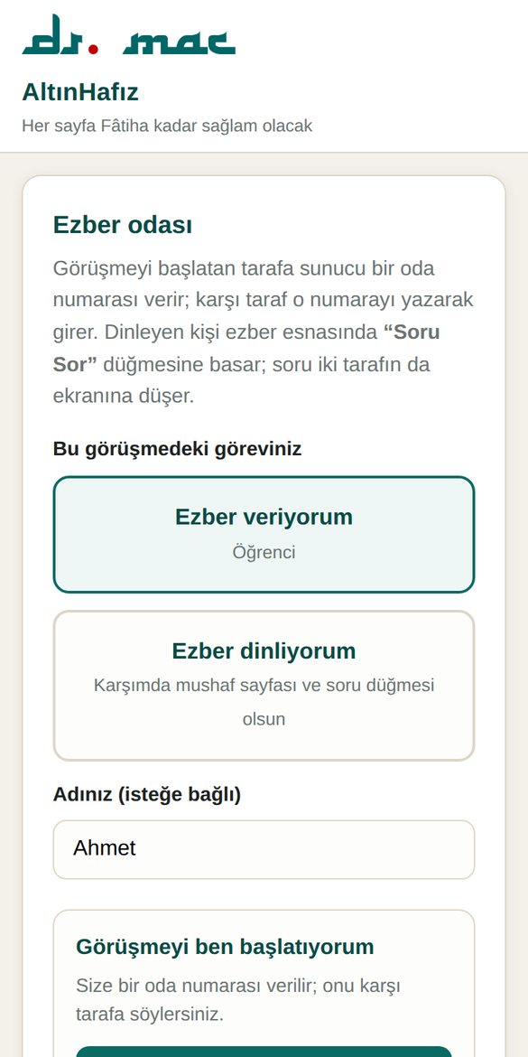 Giriş ekranı: Ezber veriyorum ve Ezber dinliyorum seçenekleri, ad alanı, Oda aç ve Odaya gir düğmeleri.