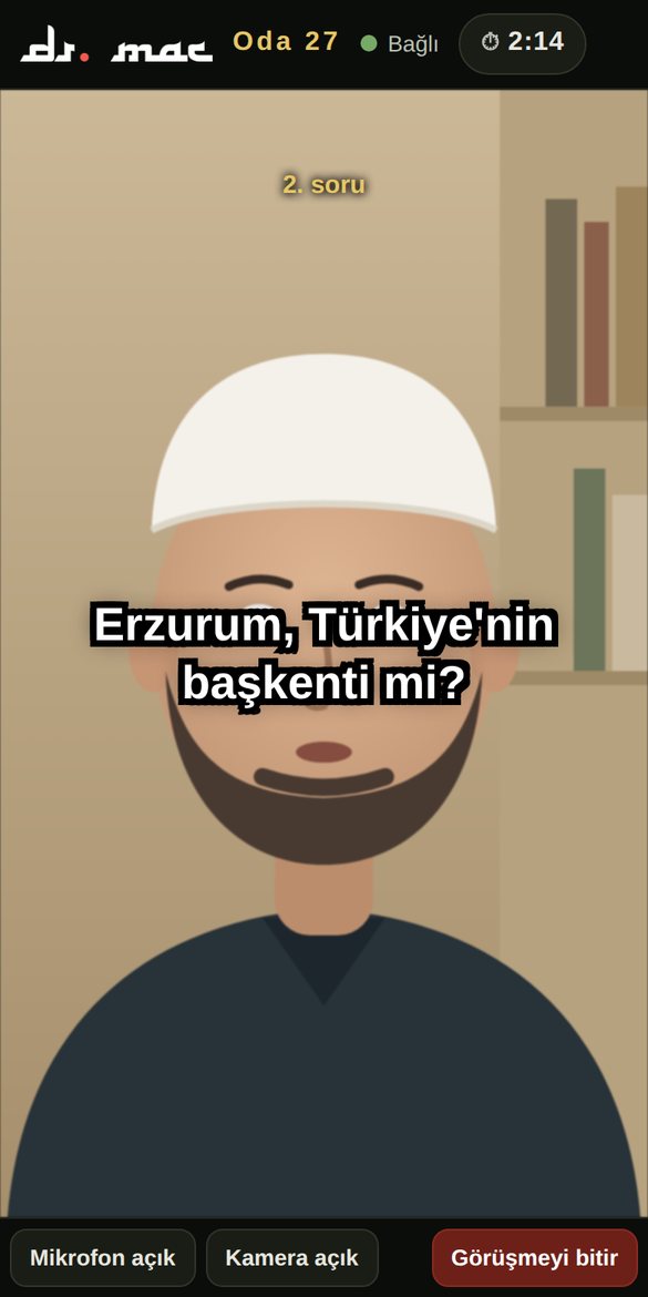 Ezber verenin ekranı: öğrencinin kendi görüntüsünün üzerinde büyük, çerçeveli harflerle 'Erzurum, Türkiye'nin başkenti mi?' sorusu.